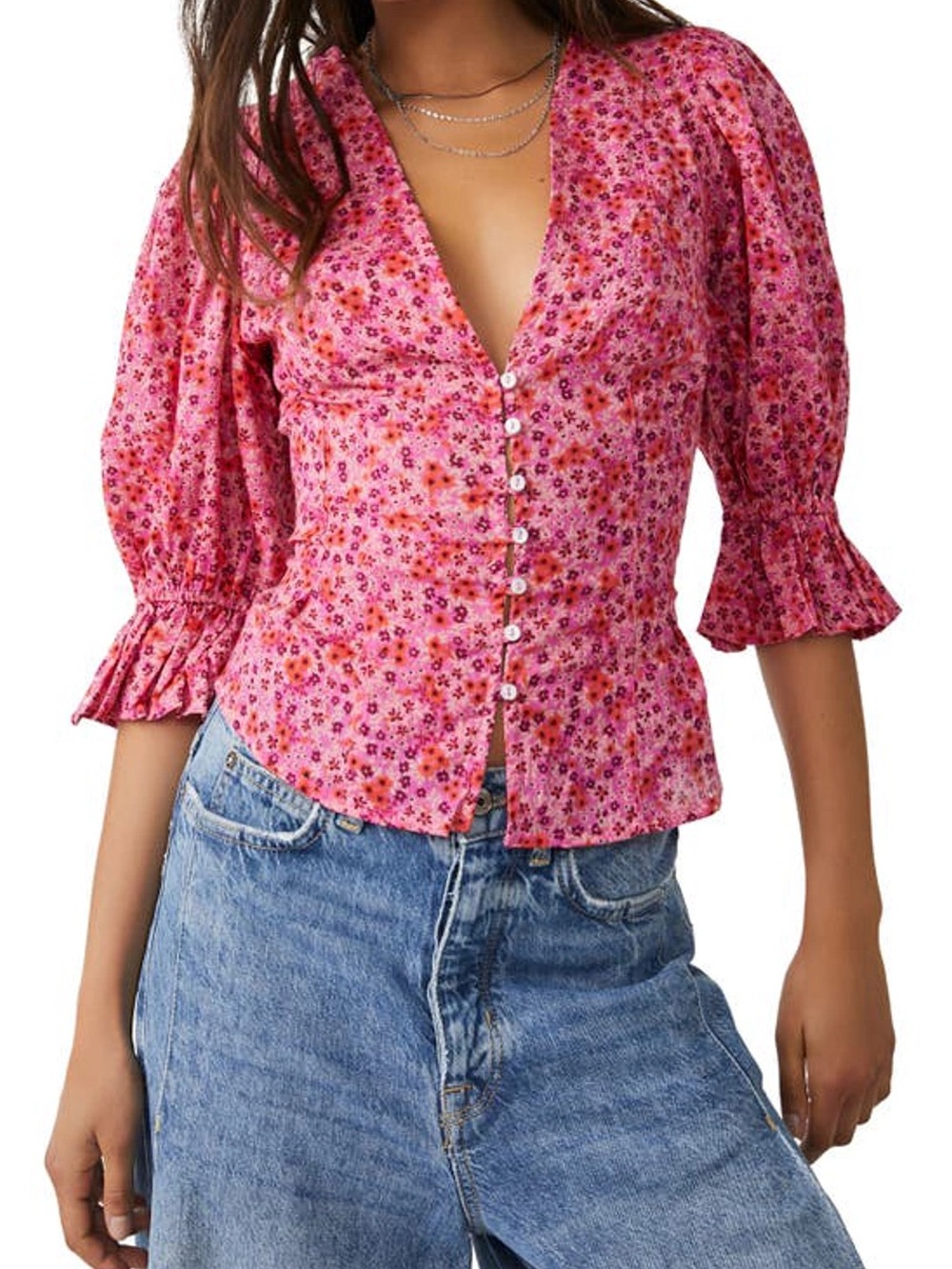 Free People I Found You Floral Puff Sleeve Button Front Blouse Top Pink M
